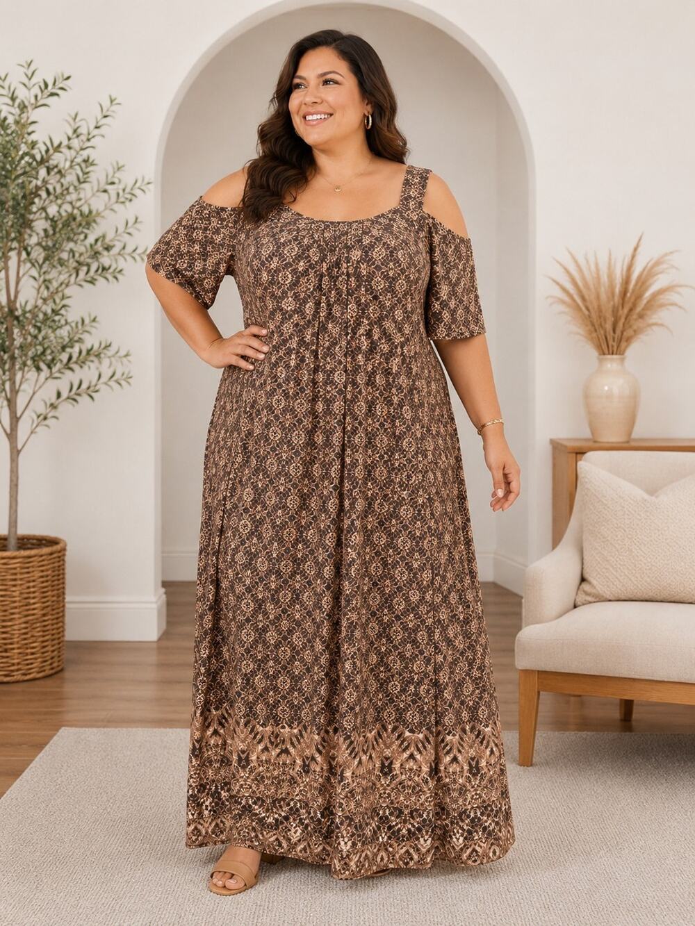 Roaman's Women 6X Petite 42/44 Brown Print Cold Shoulder Maxi Dress Plus Size